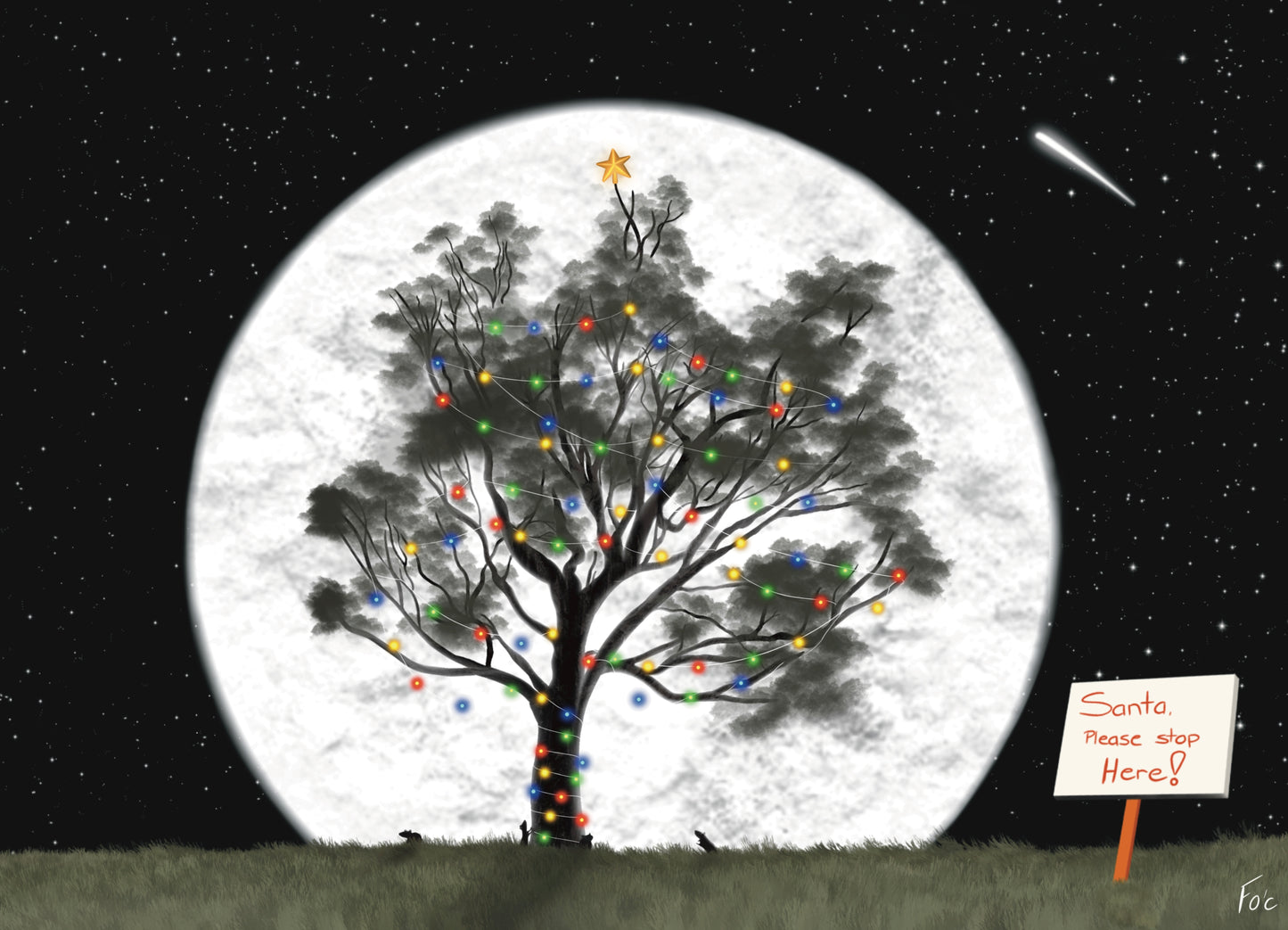 Printable Moonlit Christmas Greeting Card “Santa, Please Stop Here!”