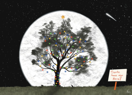 Printable Moonlit Christmas Greeting Card “Santa, Please Stop Here!”